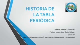 HISTORIA DE
LATABLA
PERIÓDICA
Docente: Esleider Domínguez
Profesor asesor: Juan Carlos Salazar
Grado: 10
INSTITUCIÓN EDUCATIVA TÉCNICA MICROEMPRESARIAL DE SOLEDAD
 