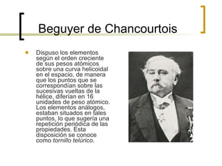 Beguyer de Chancourtois  Dispuso los elementos según el orden creciente de sus pesos atómicos sobre una curva helicoidal en el espacio, de manera que los puntos que se correspondían sobre las sucesivas vueltas de la hélice, diferían en 16 unidades de peso atómico. Los elementos análogos, estaban situados en tales puntos, lo que sugería una repetición periódica de las propiedades. Esta disposición se conoce como  tornillo telúrico . 