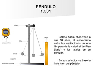 PÉNDULO
1.581
Galileo había observado a
sus 18 años, el sincronismo
entre las oscilaciones de una
lámpara de la catedral d...