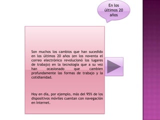 En los
                                              últimos 20
                                                 años




Son muchos los cambios que han sucedido
en los últimos 20 años (en los noventa el
correo electrónico revolucionó los lugares
de trabajo) en la tecnología que a su vez
han       ocasionado     que      cambien
profundamente las formas de trabajo y la
cotidianidad.



Hoy en día, por ejemplo, más del 95% de los
dispositivos móviles cuentan con navegación
en Internet.
 