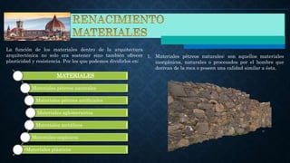 MATERIALES
Materiales pétreos naturales
Materiales pétreos artificiales
Materiales aglomerantes
Materiales metálicos
Materiales orgánicos
•Materiales plásticos
La función de los materiales dentro de la arquitectura
arquitectónica no solo era sostener sino también ofrecer
plasticidad y resistencia. Por los que podemos dividirlos en:
1. Materiales pétreos naturales: son aquellos materiales
inorgánicos, naturales o procesados por el hombre que
derivan de la roca o poseen una calidad similar a ésta.
 