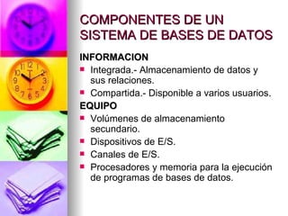 COMPONENTES DE UN SISTEMA DE BASES DE DATOS INFORMACION Integrada.- Almacenamiento de datos y sus relaciones. Compartida.- Disponible a varios usuarios . EQUIPO Volúmenes de almacenamiento secundario. Dispositivos de E/S. Canales de E/S. Procesadores y memoria para la ejecución de programas de bases de datos. 
