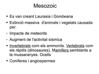 Mesozoic Es van creant Laurasia i Gondwana Extinció massiva  d'animals i vegetals causada per:  Impacte de meteorits Augment de l'activitat sísmica  Invertebrats  com els ammonits.  Vertebrats  com els rèptils (dinosaures). M amífers  semblants a la mussaranyes. Ocells  Coníferes i angiospermes 