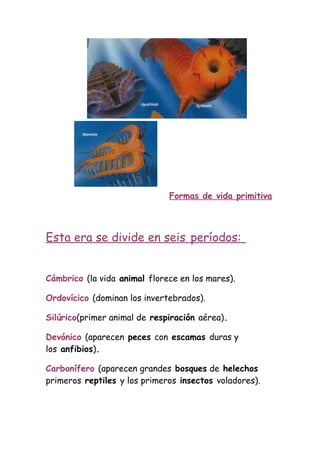 Formas de vida primitiva



Esta era se divide en seis períodos:


Cámbrico (la vida animal florece en los mares).

Ordovícico (dominan los invertebrados).

Silúrico(primer animal de respiración aérea).

Devónico (aparecen peces con escamas duras y
los anfibios).

Carbonífero (aparecen grandes bosques de helechos
primeros reptiles y los primeros insectos voladores).
 