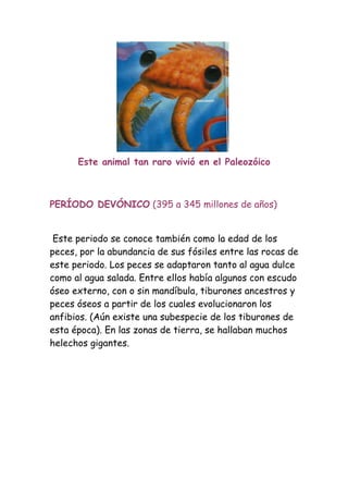 Este animal tan raro vivió en el Paleozóico



PERÍODO DEVÓNICO (395 a 345 millones de años)


 Este periodo se conoce también como la edad de los
peces, por la abundancia de sus fósiles entre las rocas de
este periodo. Los peces se adaptaron tanto al agua dulce
como al agua salada. Entre ellos había algunos con escudo
óseo externo, con o sin mandíbula, tiburones ancestros y
peces óseos a partir de los cuales evolucionaron los
anfibios. (Aún existe una subespecie de los tiburones de
esta época). En las zonas de tierra, se hallaban muchos
helechos gigantes.
 