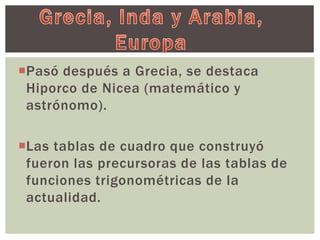 Pasó después a Grecia, se destaca 
Hiporco de Nicea (matemático y 
astrónomo). 
Las tablas de cuadro que construyó 
fueron las precursoras de las tablas de 
funciones trigonométricas de la 
actualidad. 
 