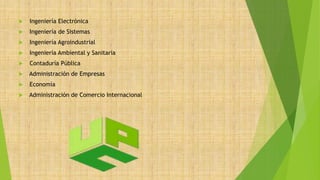  Ingeniería Electrónica
 Ingeniería de Sistemas
 Ingeniería Agroindustrial
 Ingeniería Ambiental y Sanitaria
 Contaduría Pública
 Administración de Empresas
 Economía
 Administración de Comercio Internacional
 