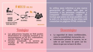 Ventajas Desventajas
Se utiliza para referirse a una nueva
generación de sitios web que se
permiten a las personas colaborar y
compartir información online de
formas que antes no eran posibles. Con
la web 1.0, la mayoría de los sitios web
consistían en páginas HTML estáticas.
● Las aplicaciones basadas en Web pueden
desarrollarse en cualquier terminal (y no
necesariamente en los PC): ordenadores,
móviles, PDAs, TV digital, etc.
● Siempre actualizado, el servicio se
encarga de las actualizaciones del
software
● La seguridad de datos conﬁdenciales,
como la contabilidad, facturación, etc.
● Informaciòn privada a terceros, no se
sabe en que manos de quien cae los
datos ni que uso va hacer de ellos.
 