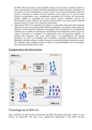 de 2004. Otros buscadores como KaZaZZ! y Yahoo crearon redes sociales en 2005. En
estas comunidades, un número inicial de participantes envían mensajes a miembros de
su propia red social invitándoles a unirse al sitio. Los nuevos participantes repiten el
proceso, creciendo el número total de miembros y los enlaces de la red. Los sitios
ofrecen características como actualización automática de la libreta de direcciones,
perfiles visibles, la capacidad de crear nuevos enlaces mediante servicios de
presentación y otras maneras de conexión social en línea. Las redes sociales también
pueden crearse en torno a las relaciones comerciales.
 Aplicaciones Web: En la ingeniería de software se denomina aplicación web a aquellas
aplicaciones que los usuarios pueden utilizar accediendo a un servidor web a través de
Internet o de una intranet mediante un navegador. En otras palabras, es una aplicación
software que se codifica en un lenguaje soportado por los navegadores web en la que se
confía la ejecución al navegador. Las aplicaciones web son populares debido a lo
práctico del navegador web como cliente ligero, a la independencia del sistema
operativo, así como a la facilidad para actualizar y mantener aplicaciones web sin
distribuir e instalar software a miles de usuarios potenciales. Existen aplicaciones como
los webmails, wikis, weblogs, tiendas en línea y la propia Wikipedia que son ejemplos
bien conocidos de aplicaciones web.
Comparativa de Interacción
Tecnología de la Web 2.0
Ajax, acrónimo de Asynchronous JavaScript And XML (JavaScript asíncrono y XML), es una
técnica de desarrollo web para crear aplicaciones interactivas o RIA (Rich Internet
 