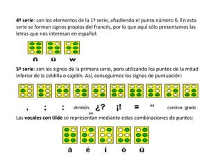 4ª serie: son los elementos de la 1ª serie, añadiendo el punto número 6. En esta
serie se forman signos propios del francés, por lo que aquí sólo presentamos las
letras que nos interesan en español:




5ª serie: son los signos de la primera serie, pero utilizando los puntos de la mitad
inferior de la celdilla o cajetín. Así, conseguimos los signos de puntuación:




Las vocales con tilde se representan mediante estas combinaciones de puntos:
 
