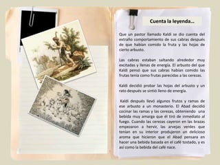 Cuenta la leyenda…

Que un pastor llamado Kaldi se dio cuenta del
extraño comportamiento de sus cabras después
de que habían comido la fruta y las hojas de
cierto arbusto.

Las cabras estaban saltando alrededor muy
excitadas y llenas de energía. El arbusto del que
Kaldi pensó que sus cabras habían comido las
frutas tenía como frutas parecidas a las cerezas.

Kaldi decidió probar las hojas del arbusto y un
rato después se sintió lleno de energía.

 Kaldi después llevó algunos frutos y ramas de
ese arbusto a un monasterio. El Abad decidió
cocinar las ramas y las cerezas, obteniendo una
bebida muy amarga que él tiró de inmediato al
fuego. Cuando las cerezas cayeron en las brazas
empezaron a hervir, las arvejas verdes que
tenían en su interior produjeron un delicioso
aroma que hicieron que el Abad pensara en
hacer una bebida basada en el café tostado, y es
así como la bebida del café nace.
 