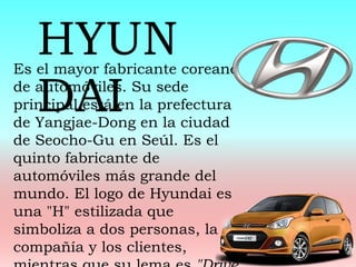 Es el mayor fabricante coreano
de automóviles. Su sede
principal está en la prefectura
de Yangjae-Dong en la ciudad
de Seocho-Gu en Seúl. Es el
quinto fabricante de
automóviles más grande del
mundo. El logo de Hyundai es
una "H" estilizada que
simboliza a dos personas, la
compañía y los clientes,
HYUN
DAI
 