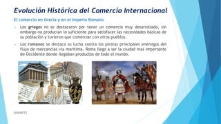 Evolución Histórica del Comercio Internacional
El comercio en Grecia y en el Imperio Romano
 Los griegos no se destacaron por tener un comercio muy desarrollado, sin
embargo no producían lo suficiente para satisfacer las necesidades básicas de
su población y tuvieron que comerciar con otros pueblos.
 Los romanos se destaca su lucha contra los piratas principales enemigos del
flujo de mercancías vía marítima. Roma llego a ser la ciudad mas importante
de Occidente donde llegaban productos de todo el mundo.
AVANSYS
 