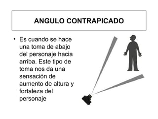 Es cuando se hace una toma de abajo del personaje hacia arriba. Este tipo de toma nos da una sensación de aumento de altura y fortaleza del personaje ANGULO CONTRAPICADO 