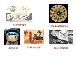 Taumatropo
Zootropo
Fenaquistoscopio
Praxinoscopio Teatro Optico
 