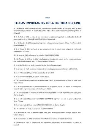 ANEXO
FECHAS IMPORTANTES EN LA HISTORIA DEL CINE
-El 8 de Abril de 1892, nace Mary Pickford, considerada la primera estrella de cine, gran actriz de la era
del cine mudo y fundadora de los estudios United Artist y de la academia de artes Cinematográficas de
Hollywod.
-El 23 de Abril de 1896, se proyecta por primera vez en público una película en los Estados Unidos. El
hecho histórico fu en el Koste & Bial´s Music Hall en Nueva York.
-El 12 de Octubre de 1909, se publica la primera crítica cinematográfica en el New York Times, de la
cinta PIPPA PASESS.
-El 8 de Mayo de 1912 se fundó el que actualmente es el estudio más antiguo de Hollywood,
PARAMOUNT PICTURES.
-El 8 de Junio de 1912, se fundaron los estudios UNIVERSAL PICTURES.
-El 5 de Febrero de 1919, se fundó el estudio de cine United Artist, creado por las megas estrellas del
cine mudo: Charles Chaplin, Mary Pickford y Douglas Fairbanks.
-El 16 de Abril de 1924, se funda el estudio de cine Metro Goldwyn Mayer.
-El 10 de Enero de 1927, se estrenó el clásico de cine mudo y expresionismo Alemán, METRÓPOLIS.
-El 23 de Octubre de 1928, se fundan los estudios de cine RKO.
-El 18 de Noviembre de 1928, es creado Mickey Mouse.
-El 1 de Febrero de 1929, se estrenó MELODIA DE BRODWAY, el primer musical en ganar un Oscar como
mejor película.
-El 16 de Mayo de 1929, fue la primera ceremonia de los premios OSCAR y se realizó en el Hollywood
Roosvelt Hotel. El premio a mejor película fue para WINGS.
-El 7 de Marzo de 1931 se estrenó LUCES DE LA CIUDAD y en 1940 EL GRAN DICTADOR. Ambas del genial
Charles Chaplin.
-El 22 de Febrero de 1934, se estrenó SUCEDIÓ UNA NOCHE, la primera comedia en ganar un Oscar a la
Mejor Película.
-El 25 de Febrero de 1936, se estrenó TIEMPOS MODERNOS de Charles Chaplin.
-El 5 de Setiembre de 1941, se estrenó EL CIUDADANO KANE.
-El 23 de Enero de 1943, se estrenó CASABLANCA, para muchos considerada la mejor película en la
historia del cine.
-El 20 de Setiembre de 1946, se realizó el Primer Festival de Cannes en la Costa de Francia.
-El 7 de Enero de 1947, se estrenó QUE BELLO ES VIVIR, obra maestra de Frank Capra y un clásico de
navidad.
 