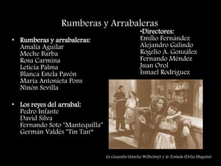 Rumberas y Arrabaleras
• Rumberas y arrabaleras:
Amalia Aguilar
Meche Barba
Rosa Carmina
Leticia Palma
Blanca Estela Pavón
María Antonieta Pons
Ninón Sevilla
• Los reyes del arrabal:
Pedro Infante
David Silva
Fernando Soto "Mantequilla"
Germán Valdés "Tin Tan“
•Directores:
Emilio Fernández
Alejandro Galindo
Rogelio A. González
Fernando Méndez
Juan Orol
Ismael Rodríguez
La Guayaba (Amelia Wilhelmy) y la Tostada (Delia Magaña)
 