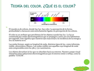 TEORÍA DEL COLOR. ¿QUÉ ES EL COLOR?

El mundo es de colores, donde hay luz, hay color. La percepción de la forma,
profundidad o claroscuro está estrechamente ligada a la percepción de los colores.
El color es un atributo que percibimos de los objetos cuando hay luz. La luz es
constituida por ondas electromagnéticas que se propagan a unos 300.000 kilómetros
por segundo. Esto significa que nuestros ojos reaccionan a la incidencia de la energía y
no a la materia en sí.
Las ondas forman, según su longitud de onda, distintos tipos de luz, como infrarroja,
visible, ultravioleta o blanca. Las ondas visibles son aquellas cuya longitud de onda
está comprendida entre los 380 y 770 nanómetros.
Los objetos devuelven la luz que no absorben hacia su entorno. Nuestro campo visual
interpreta estas radiaciones electromagnéticas que el entorno emite o refleja, como la
palabra "COLOR".
INICIO
 
