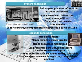Primera generación
                            Bulbos para procesar información
                                 Tarjetas perforadas
                                 Almacenamiento interno por
                                     marcas magnéticas
                                    Generaban mucho calor
Eckert y Mauchly - UNIVAC I-1950       Gran tamaño
 La IBM construye computadoras electrónicas a partir de 1954

                   segunda generación
                          Uso del transistor
                     Menor tamaño y mayor rapidez
                      Redes de núcleos magnéticos
                   Los programas para una computadora
                         podían transferirse a otra
           Usados en reservación de vuelos aéreos, control de
           tráfico aéreo, almacén de registros, contabilidad y
                                nóminas
 