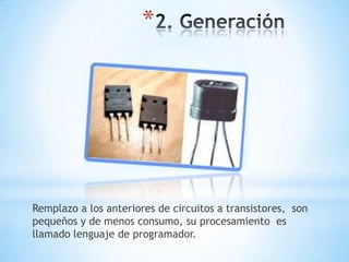 *




Remplazo a los anteriores de circuitos a transistores, son
pequeños y de menos consumo, su procesamiento es
llamado lenguaje de programador.
 