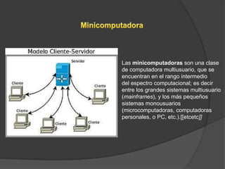 Las minicomputadoras son una clase
de computadora multiusuario, que se
encuentran en el rango intermedio
del espectro computacional; es decir
entre los grandes sistemas multiusuario
(mainframes), y los más pequeños
sistemas monousuarios
(microcomputadoras, computadoras
personales, o PC, etc.).[[etcetc]]
 