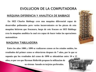 En 1822 Charles Babbage creo una maquina diferencial capaz de
desarrollar polinomios pero varios inconvenientes en las piezas de esta
maquina hicieron que fracasara, luego de este fracaso en 1833 Babbage
crea la maquina analitica la cual era capaz de hacer todas las operaciones
matemáticas
Entre los años 1880 y 1890 se realizaron censos en los estados unidos, los
resultados del primer censo se obtuvieron despues de 7 años, por lo que se
suponia que los resultados del censo de 1890 se obtendrian entre 10 a 12
años, es por eso que Herman Hollerith propuso la utilizacion de
su sistema basado en tarjetas perforadas.
 