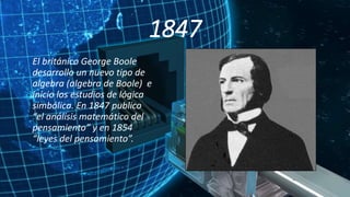 1847
El británico George Boole
desarrollo un nuevo tipo de
algebra (algebra de Boole) e
inicio los estudios de lógica
simbólica. En 1847 publico
“el análisis matemático del
pensamiento” y en 1854
“leyes del pensamiento”.
 