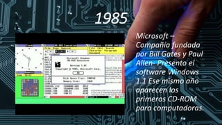 1985
Microsoft –
Compañía fundada
por Bill Gates y Paul
Allen- Presento el
software Windows
1.1 Ese mismo año
aparecen los
primeros CD-ROM
para computadoras.
 