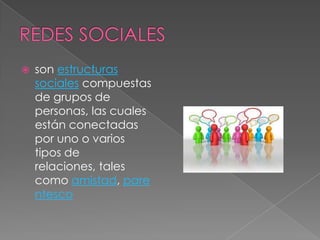    son estructuras
    sociales compuestas
    de grupos de
    personas, las cuales
    están conectadas
    por uno o varios
    tipos de
    relaciones, tales
    como amistad, pare
    ntesco
 