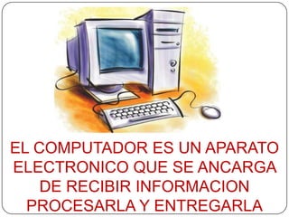 EL COMPUTADOR ES UN APARATO
ELECTRONICO QUE SE ANCARGA
    DE RECIBIR INFORMACION
  PROCESARLA Y ENTREGARLA
 
