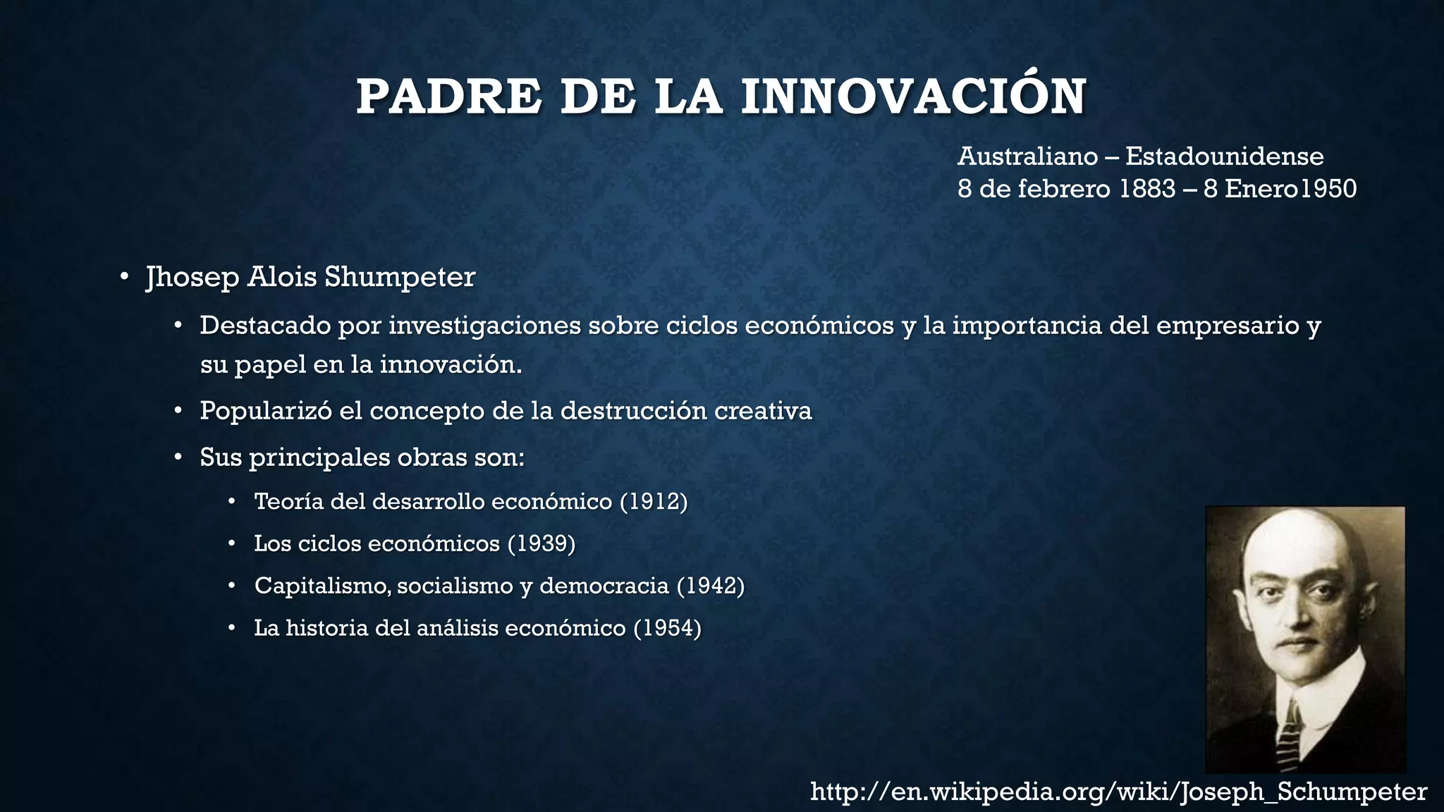 PADRE DE LA INNOVACIÓN
• Jhosep Alois Shumpeter
• Destacado por investigaciones sobre ciclos económicos y la importancia del empresario y
su papel en la innovación.
• Popularizó el concepto de la destrucción creativa
• Sus principales obras son:
• Teoría del desarrollo económico (1912)
• Los ciclos económicos (1939)
• Capitalismo, socialismo y democracia (1942)
• La historia del análisis económico (1954)
http://en.wikipedia.org/wiki/Joseph_Schumpeter
Australiano – Estadounidense
8 de febrero 1883 – 8 Enero1950
 