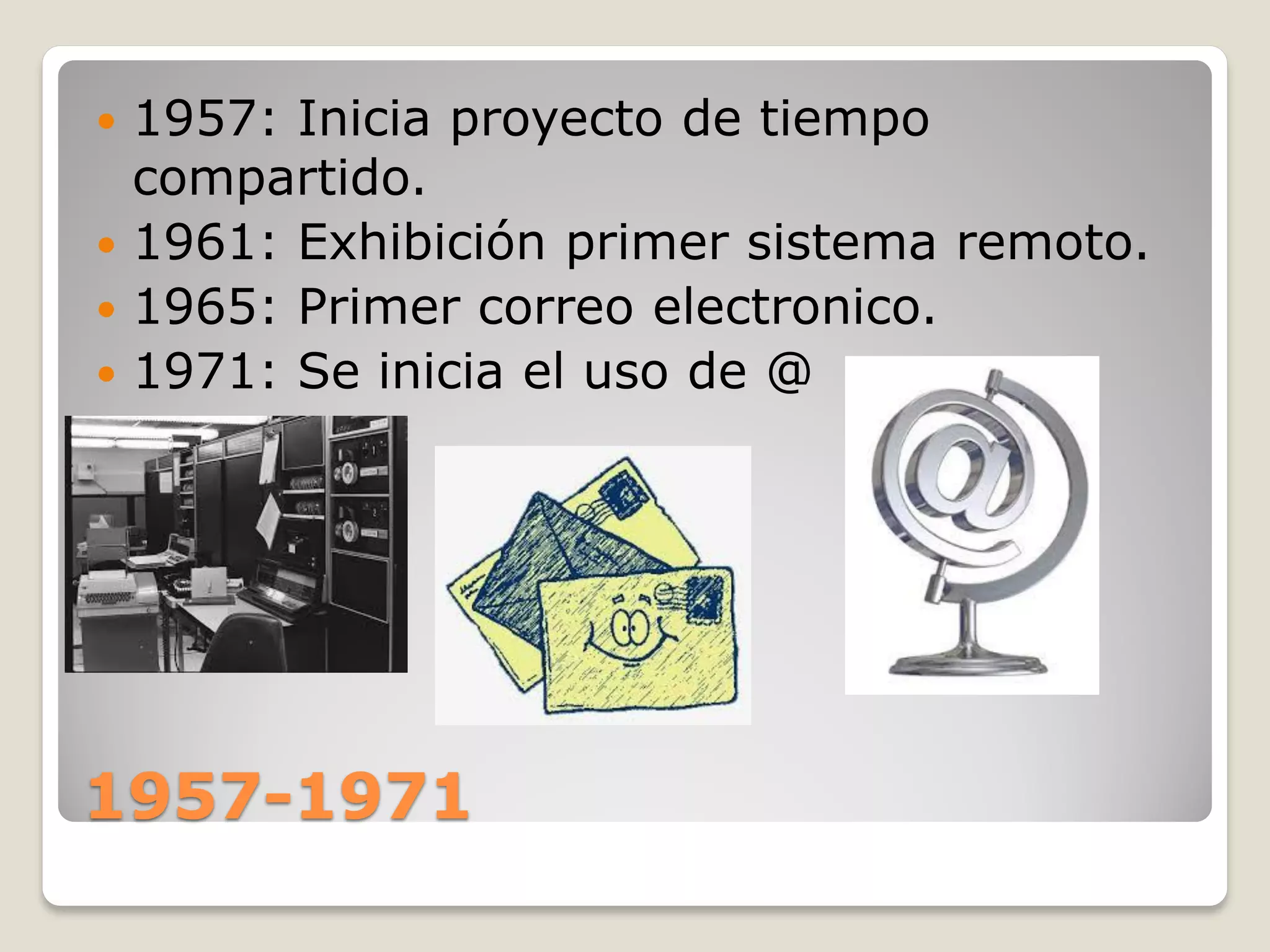 1957-1971
1957: Inicia proyecto de tiempo
compartido.
1961: Exhibición primer sistema remoto.
1965: Primer correo electronico.
1971: Se inicia el uso de @