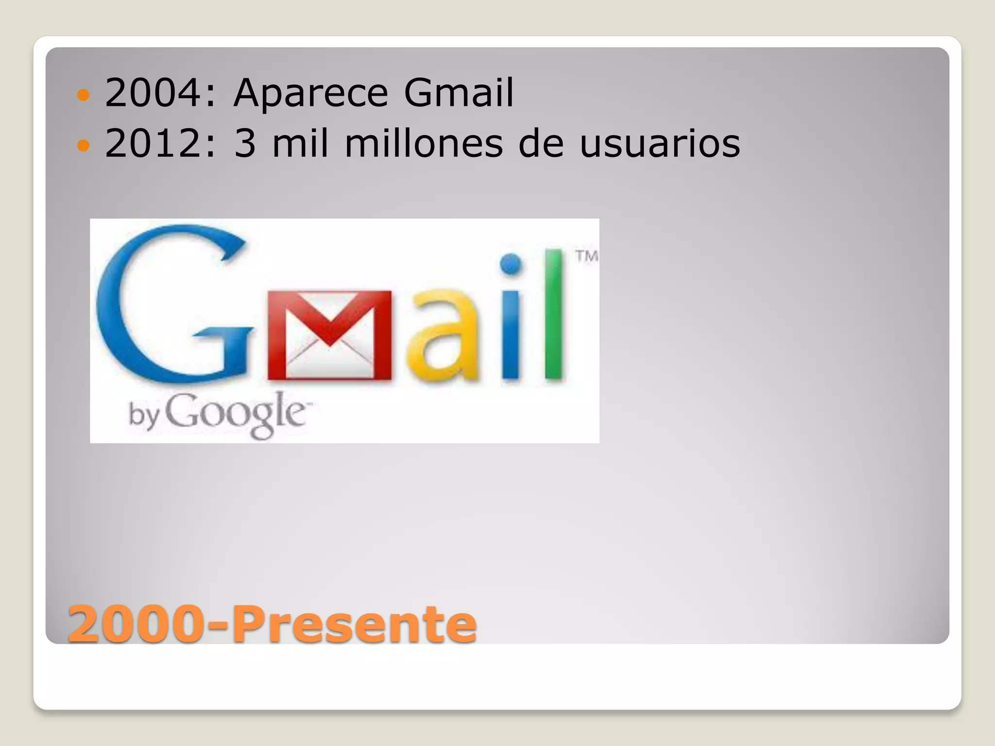 2000-Presente
2004: Aparece Gmail
2012: 3 mil millones de usuarios