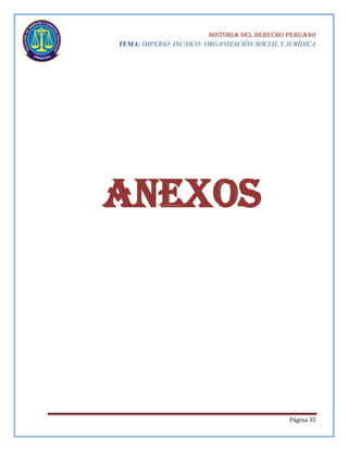 HISTORIA DEL DERECHO PERUANO
TEMA: IMPERIO INCAICO: ORGANIZACIÓN SOCIAL Y JURÍDICA

anexos

Página 35

 