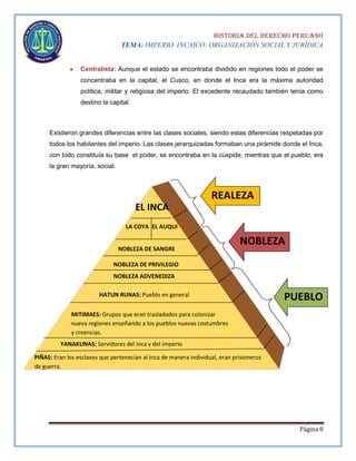 HISTORIA DEL DERECHO PERUANO
TEMA: IMPERIO INCAICO: ORGANIZACIÓN SOCIAL Y JURÍDICA

Centralista: Aunque el estado se encontraba dividido en regiones todo el poder se
concentraba en la capital, el Cusco, en donde el Inca era la máxima autoridad
política, militar y religiosa del imperio. El excedente recaudado también tenía como
destino la capital.

Existieron grandes diferencias entre las clases sociales, siendo estas diferencias respetadas por
todos los habitantes del imperio. Las clases jerarquizadas formaban una pirámide donde el Inca,
con todo constituía su base el poder, se encontraba en la cúspide, mientras que el pueblo, era
la gran mayoría, social.

REALEZA
EL INCA
LA COYA EL AUQUI
NOBLEZA DE SANGRE

NOBLEZA

NOBLEZA DE PRIVILEGIO
NOBLEZA ADVENEDIZA
HATUN RUNAS: Pueblo en general

PUEBLO

MITIMAES: Grupos que eran trasladados para colonizar
nueva regiones enseñando a los pueblos nuevas costumbres
y creencias.
YANAKUNAS: Servidores del inca y del imperio
PIÑAS: Eran los esclavos que pertenecían al inca de manera individual, eran prisioneros
de guerra.

Página 8

 