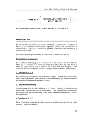 Universidad Católica de Santiago de Guayaquil
53
ESTARELLAS, CARLOS; ESTARELLAS, E. MANUAL HISTORIA DEL DERECHO. P. 51.
INTRODUCCIÓN
En esta unidad estudiaremos la evolución del Derecho Constitucional Ecuatoriano, a
través de las diferentes Constituciones expedidas, tomando en consideración la
Constitución de Guayaquil, la constitución de 1830, las Constituciones Liberales y la
Constitución de 1945.
Indicaremos los principales aspectos de las indicadas Constituciones que son:
1. Constitución de Guayaquil
La Constitución de Guayaquil, es el resultado de la Revolución del 9 de Octubre de
1820, que va a culminar en la Batalla del Pichincha el 24 de Mayo de 1922, donde se
libera del yugo español todo el territorio de la Real Audiencia de Quito. Dicha
Constitución establece un Poder Ejecutivo y propone un Estado Libre e Independiente.
2. Constitución de 1830
Esta constitución fue elaborada por la Primera Asamblea Constituyente, que se reunió
en la ciudad de Riobamba, en el convento de Santo Domingo y que señala con claridad
los rasgos de la fisonomía definitiva del Ecuador.
3. Constituciones Liberales
Son el resultado de la Revolución Liberal en el Ecuador. Cambian el Sistema Jurídico
Ecuatoriano, introduciendo nuevas instituciones. Estas constituciones implementan
nuevos conceptos que, adelantándose a otros países, siguiendo el ejemplo del Ecuador,
las implementan.
4. Constitución de 1945
Es la Constitución redactada, de todas las que ha tenido el país, de elevado estilo,
moderna y a tono con su época.
UNIDAD 4 HISTORIA DEL DERECHO
ECUATORIANO
 
