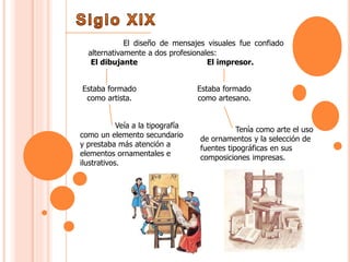 El diseño de mensajes visuales fue confiado
alternativamente a dos profesionales:
El dibujante El impresor.
Estaba formado
como artista.
Estaba formado
como artesano.
Tenía como arte el uso
de ornamentos y la selección de
fuentes tipográficas en sus
composiciones impresas.
Veía a la tipografía
como un elemento secundario
y prestaba más atención a
elementos ornamentales e
ilustrativos.
 