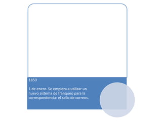 1850

1 de enero. Se empieza a utilizar un
nuevo sistema de franqueo para la
correspondencia: el sello de correos.
 