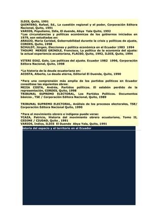 ILDIS, Quito, 1991
QUINTERO, Rafael, Ed., La cuestión regional y el poder, Corporación Editora
Nacional, Quito, 1991
VARIOS, Populismo, Ildis, El duende, Abya Yala Quito, 1992
*Las circunstancias y políticas económicas de los gobiernos iniciados en
1979, son estudiadas en:
ARAUJO, María Caridad, Gobernabilidad durante la crisis y políticas de ajuste,
CORDES, Quito, 1998
SCHULDT, Jürgen, Elecciones y política económica en el Ecuador 1983 1994
THOUMI MERIEE GRINDLE, Francisco, La política de la economía del ajuste:
la actual experiencia ecuatoriana, FLACSO, Quito, 1992, ILDIS, Quito, 1994
VITERI DIAZ, Galo, Las políticas del ajuste. Ecuador 1982 1996, Corporación
Editora Nacional, Quito, 1998
*La historia de la deuda ecuatoriana en:
ACOSTA, Alberto, La deuda eterna, Editorial El Duende, Quito, 1990
*Para una comprensión más amplia de los partidos políticos en Ecuador
consúltese las siguientes obras:
MEJIA COSTA, Andrés, Partidos políticos. El eslabón perdido de la
representación, CORDES, Quito, 1998
TRIBUNAL SUPREMO ELECTORAL, Los Partidos Políticos. Documentos
básicos , TSE / Corporación Editora Nacional, Quito, 1989
TRIBUNAL SUPREMO ELECTORAL, Análisis de los procesos electorales, TSE/
Corporación Editora Nacional Quito, 1990
*Para el movimiento obrero e indígena puede verse:
YCAZA, Patricio, Historia del movimiento obrero ecuatoriano, Tomo II,
CEDIME / CIUDAD, Quito , 1991
VARIOS, Indios, ILDIS El Duende Abya Yala, Quito, 1991
Historia del espacio y el territorio en el Ecuador
 