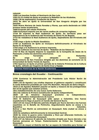colonial.
1589 Los jesuitas fundan el Seminario de San Luis.
1592 En la ciudad de Quito se produce la Rebelión de las Alcabalas.
1606 (28 de septiembre) Fundación de Ibarra.
1622 Se abre en Quito la Universidad de San Gregorio dirigida por los
jesuitas.
1645 Muere Mariana de Jesús Paredes y Flores, que sería declarada en 1950
primera santa ecuatoriana.
1660 Erupción del volcán Pichincha
1684 Guayaquil soporta uno de varios asaltos de corsarios ingleses.
1718 Se suprime la Real Audiencia de Quito. Su territorio pasa ser
dependencia de la Audiencia del Virreinato de Santa Fe de Bogotá.
1722 Se restablece la Real Audiencia de Quito, dependiente del Virreinato del
Perú.
1736 Llega a Quito la Misión Geodésica.
1739 La Audiencia de Quito se incorpora definitivamente al Virreinato de
Santa Fe de Bogotá.
1754 Llega a la Audiencia la primera imprenta.
1765 Se sublevan los barrios de Quito: "Rebelión de los Estancos".
1767 El Rey de España dispone la expulsión de la Compañía de Jesús de la
Península y todos los dominios americanos.
1786 Terremoto en Riobamba.
Se erige al obispado de Cuenca
El Convictorio de San Francisco dirigido por los dominios se convierte en la
Universidad de Santo Tomás de Aquino.
1792 Aparece en Quito el primer periodo de la historia Primicias de la Cultura
de Quito, editado por Eugenio de Santa Cruz y Espejo.
Vertientes Históricas de la Nación Ecuatoriana
Breve cronología del Ecuador - Continuación
1799 Comienza la Administración del Presidente Luis Héctor Barón de
Carondelet.
1809 (10 de Agosto) Los criollos deponen al gobierno español y constituyen
la Junta Soberana presidida por Juan Pío Montúfar, Marqués de Selva Alegre.
1810 (2 de Agosto) Rebelión popular en Quito y masacre de los protagonistas
del 10 de agosto que estaban presos.
1811 Establecimiento de una nueva Junta Soberana.
1812 Se redacta la Primera Constitución de Quito independiente.
1820 (9 de Octubre) Guayaquil proclama su independencia.
(3 de noviembre) Independencia de Cuenca
1821 El Gobierno de Guayaquil pide apoyo a Colombia. Una fuerza
expedicionaria llega al puerto al mando del General Sucre.
1822 (24 de mayo) El Ejército patriota dirigido por Sucre derrota a las fuerzas
españolas en la Batalla de Pichincha. Seguidamente Quito se anexa a la
República Colombia.
Bolívar y San Martín se entrevistan en Guayaquil. Esta ciudad se anexa a
Colombia.
1826 Se establece definitivamente la Universidad Central.
1828 Se inicia la guerra entre Colombia y Perú por diferendo limítrofe. La
flota peruana bombardea Guayaquil.
1829 (27 de febrero) El ejército de Colombia dirigido por Sucre derrota a las
fuerzas peruanas en Tarqui. Posteriormente se firman los Tratados de
Guayaquil.
1830 (13 de mayo) el Distrito del Sur se separa de Colombia para formar un
 