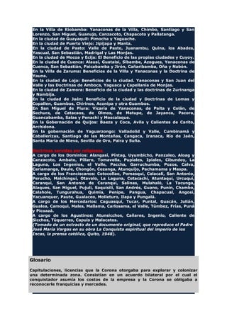 En la Villa de Riobamba: Yanaconas de la Villa, Chimbo, Santiago y San
Lorenzo, San Miguel, Guanujo, Canzacoto, Chapacoto y Pallatanga.
En la ciudad de Guayaquil: Pimocha y Yaguache.
En la ciudad de Puerto Viejo: Jipijapa y Manta.
En la ciudad de Pasto: Valle de Pasto, Juanambu, Quina, los Abades,
Yascual, San Sebastián, Madrigal y Las Monjas.
En la ciudad de Mocoa y Ecija: El Beneficio de las propias ciudades y Cuyoy.
En la ciudad de Cuenca: Alausí, Guataisi, Sibambe, Azogues, Yanaconas de
Cuenca, San Sebastián, Paicabamba y Jirón, Cañaribamba, Oña y Nabón.
En la Villa de Zaruma: Beneficios de la Villa y Yanaconas y la Doctrina de
Yauna.
En la ciudad de Loja: Beneficios de la ciudad. Yanaconas y San Juan del
Valle y las Doctrinas de Amboca, Yaguaca y Capellanía de Monjas.
En la ciudad de Zamora: Beneficio de la ciudad y las doctrinas de Zurinanga
y Nambija.
En la ciudad de Jaén: Beneficio de la ciudad y Doctrinas de Lomas y
Copallen, Guambos, Chirinos, Aconipa y otra Guambos.
En San Miguel de Piura: Vicaría de Yanaconas, de Paita y Colán, de
Sechura, de Catacaos, de Olmos, de Matupe, de Jayanca, Pacora,
Guancabamba, Salas y Penachi y Moscalaque.
En la Gobernación de Quijos: Baeza y Coca, Avila y Calientes de Carito,
Archidona.
En la gobernación de Yaguarzongo: Valladolid y Valle, Cumbinamá y
Caballerizas, Santiago de las Montañas, Cangaca, Iranaca, Río de Jaén,
Santa María de Nieva, Sevilla de Oro, Paira y Suña.
Doctrinas servidas por religiosos
A cargo de los Dominios: Alangasí, Píntag, Uyumbicho, Panzaleo, Aloag y
Canzacoto, Ambato, Píllaro, Tomavella, Pupiales, Ipiales, Cibundoy, La
Laguna, Los Ingenios, el Valle, Paccha, Garruchumba, Pozos, Calva,
Cariamanga, Daule, Chongón, Cozanga, Atunquijo, Pachamama y Maspa.
A cargo de los Franciscanos: Cotocollao, Pomasqui, Calacalí, San Antonio,
Perucho, Malchinguí, Otavalo, La Laguna, Cotacachi, Atuntaqui, Urcuquí,
Caranqui, San Antonio de Caranqui, Salinas, Mulahaló, La Tacunga,
Alaques, San Miguel, Pujulí, Saquisilí, San Andrés, Guano, Punín, Chambo,
Calahole, Tungurahua, Quimia, Penipe, Pangua, Chapacual, Angosi,
Yacuanquer, Paute, Gualaceo, Molleturo, Ilapa y Pungalá.
A cargo de los Mercedarios: Caguasquí, Tucar, Puntal, Guacán, Julián,
Gualea, Camoqui, Males, Mallama, Carlosama, el Valle, Túmbez, Frías, Puná
y Picoazá.
A cargo de los Agustinos: Atunsicchos, Cañares, Ingenio, Caliente de
Sicchos, Túquerres, Capuis y Malacatos.
(Tomado de un extracto de un documento original, que reproduce el Padre
José María Vargas en su obra La Conquista espiritual del imperio de los
Incas, la prensa católica, Quito, 1948).
Glosario
Capitulaciones, licencias que la Corona otorgaba para explorar y colonizar
una determinada zona. Consistían en un acuerdo bilateral por el cual el
conquistador asumía los costos de la empresa y la Corona se obligaba a
reconocerle franquicias y mercedes.
 