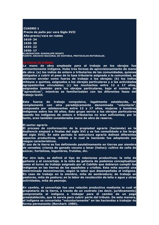 CUADRO 1
Precio de paño por vara Siglo XVII
Año-precio/vara en reales
1610- 24
1630- 20
1635- 22
1650- 17
ELABORACION: GUADALUPE SOASTI
FUENTE: ARCHIVO NACIONAL DE HISTORIA, PROTOCOLOS NOTORIALES.
La fuerza de trabajo
La mano de obra empleada para el trabajo en los obrajes fue
eminentemente indígena. Hubo tres formas de aprovisionamiento de mano
de obra: (a) los indios de entero o tributarios de las comunidades, quienes
obligados a cubrir el peso de la tasa tributaria asignada a la comunidad, se
debieron enrolar como fuerza de trabajo a los obrajes; (b) los indios
mitayos o quintos, asignados a los obrajes particulares y a las actividades
agropastoriles vinculadas; (c) los muchachos entre 12 a 17 años,
asignados también para los obrajes particulares, bajo el nombre de
"aprendices", mientras se familiarizaban con las diferentes fases del
trabajo textil.
Esta fuerza de trabajo compulsiva, legalmente establecida, se
complementó con otra paradójicamente denominada "voluntaria",
compuesta por adolescentes entre 12 y 17 años, mujeres y hombres
indígenas sobre los 50 años. Este grupo servía a los obrajes particulares
cuando los indígenas de entero o tributarios no eran suficientes; por lo
tanto, eran también considerados mano de obra de reserva.
El sector agrario
El proceso de conformación de la propiedad agraria (hacienda) en la
Audiencia empezó a finales del siglo XVI y se fue consolidado a los largo
del siglo XVII. En este período la estructura agraria delineó diferentes
espacios productivos, debido a lo cual la hacienda fue adoptando sus
rasgos característicos.
El uso de la tierra se fue definiendo paulatinamente en tierras par siembra
de cereales; crianza de ganado vacuno y lanar (hatos); cultivo de caña de
azúcar, hortalizas, legumbres, frutales, etc.
Por otro lado, se definió el tipo de relaciones productivas; la mita de
gañanía y el concertaje. A la mita de gañanía de podemos conceptualizar
como el turno de trabajo asignado por el Cabildo que debieron cumplir los
indígenas en las tierras de los españoles y criollos. Esta mita asumió una
determinada denominación, según la labor que desempeñaba el indígena.
En caso de trabajo en la siembra, mita de sembradura; de trabajo en
pastoreo, mita de pastura; en la labor de recolección de leña o agua y otras
actividades, mita de peonaje.
En cambio, el concertaje fue una relación productiva mediante la cual el
propietario de la tierra, a través de un contrato (es decir, jurídicamente)
comprometía al indígena a trabajar para él cambio de un pago
preestablecido, que le servía para cubrir parte del tributo. De esta manera,
el indígena se concertaba "voluntariamente" en las haciendas a trabajar de
forma permanente (Borchart: 1989).
 