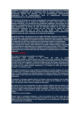 ecológico es indudable, por encontrarse aquí los afloramientos de materia
prima. La explotación de la obsidiana llevó al cazador temprano a una
frecuencia asidua del páramo, con el concomitante conocimiento
progresivo de su potencialidad para la subsistencia humana,
principalmente en recursos faunísticos.
Si la fecha de El Inga es correcta, anticipamos una subsistencia similar a la
de los habitantes de la cueva de Chobshi, es decir, caza menor en el
bosque montano, con recolección de productos vegetales, caza mayor en el
páramo y probablemente en las estribaciones de la Ceja de la Montaña. En
esta perspectiva, la punta de cola de pescado hallada en la cueva de
Petacaurco indicaría, a mi modo de ver, más que la huella de una
migración separada por el este de los Andes --que no niego
categóricamente- una instancia de una incursión lejana de los cazadores el
Ilaló en busca de osos o dantas en la Ceja de la Montaña.
Después de todo, los páramos de la región del Ilaló culminan en la sierra
de Guamaní, una tradicional zona de pasos naturales hacia la selva tropical
lluviosa. Los hallazgos de Jondachi encajan menos en esta hipótesis. Tengo
la impresión de que los cazadores del ecosistema andino incursionaban
más allá del páramo sólo esporádicamente y sólo hasta la periferia de la
selva tropical. En efecto, selva adentro el cazador andino hubiera requerido
de adaptaciones culturales que no poseía para hacer frente a flora y fauna
diferentes de su medio ambiente habitual. Lamentablemente, la escasa
información que se tiene del sitio del Jondachi o permite darle un contexto
regional.
Atrás. en el tiempo
Para viajar en el tiempo no necesitas una máquina.
Simplemente sube conmigo a las faldas del Ilaló, y sueña
Pon tu mente flexible e intenta eliminar los ruidos y las cosas modernas del paisaje,
reemplazándolas por sonidos y visiones del pasado. Haz desaparecer la música del radio
que sale de esa casa campesina, y elimina el automóvil azul, sin escape, que pasa por la
carretera Tumbaco La Merced, justo frente al sitio paleoindio de El Inga. Naturalmente,
los postes de luz deben también desaparecer, y la manada de vacas que cruza la
carretera. Y la carretera misma.
Pero antes de quedarnos sin nada, poblemos el paisaje con visiones antiguas. En vez de
la carretera, pon un sendero angosto que apenas se divise entre las matas, y en vez de la
casa y el radio, pongamos un pequeño bosque con pájaros trinando. Pon bosque por
todas partes, porque aquí todo está erosionando y la cangahua desnuda da un aspecto
deprimente.
A propósito, no pongas cualquier árbol en el bosque: quita los eucaliptos, que no deben
tener aquí más de cien años, y los duraznos que, a pesar de ser antiguos, no son de
aquí. Pon grandes molles, olorosos nogales, pumamaquis
No estaría mal un par de quebradas con agua cristalina saltando entre las piedras. Ah,
elimina las cercas y las chacras y pon matorral, siempre matorral para que los pueblos
de moras, sapos, chochos silvestres, beldos, zarigüeyas. Y elimina ese avión que vuela
sobre la cordillera y transfórmalo en cóndor que vuele sobre las cumbres cubiertas de
neblina
Y entonces se hará el milagro..
Porque verás la naturaleza primigenia, y oirás los sonidos de la vida; ramas que se
mecen, pájaros que picotean, una cervicabra que bebe en el arroyo, y el humo de una
fogata en El Inga. Hay algarabía en ese campamento y no me equivocaría si te digo que
han regresado ya los cazadores.
 