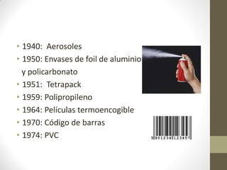 • 1940: Aerosoles
• 1950: Envases de foil de aluminio
y policarbonato
• 1951: Tetrapack
• 1959: Polipropileno
• 1964: Películas termoencogible
• 1970: Código de barras
• 1974: PVC
 