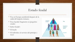 Estado feudal
• Fue en Europa occidental después de la
caída del imperio romano.
• Fue el poder fragmento en pequeños
estado.
• Señor feudal :
• El feudo
• El individuo al servicio del príncipe y
reyes
 