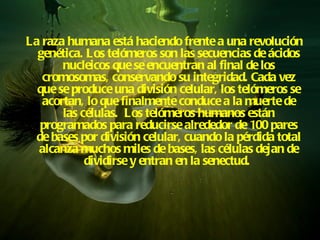 La raza humana está haciendo frente a una revolución genética. Los telómeros son las secuencias de ácidos nucleicos que se encuentran al final de los cromosomas, conservando su integridad. Cada vez que se produce una división celular, los telómeros se acortan, lo que finalmente conduce a la muerte de las células.  Los telómeros humanos están programados para reducirse alrededor de 100 pares de bases por división celular, cuando la pérdida total alcanza muchos miles de bases, las células dejan de dividirse y entran en la senectud.   