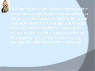 Un Paquete es un grupo de información que consta de dos partes: los datos propiamente dichos y la información de control, en la que está especificado la ruta a seguir a lo largo de la red hasta el destino del paquete. Mil octetos es el límite de longitud superior de los paquetes, y si la longitud es mayor el mensaje se fragmenta en otros paquetes.