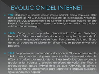 EVOLUCION DEL INTERNET1957URSS lanza el Sputnik, primer satélite artificial. Como respuesta, EEUU forma parte de ARPA (Agencia de Proyectos de Investigación Avanzada) dentro del DOD (Departamento de Defensa). El principal objetivo de este Proyecto fue establecer un sistema de investigación militar que pudiera resistir un ataque enemigo.1960s Surge una propuesta denominada “Packet Switching Network”. Esta propuesta introduce el concepto de repartir la Información en paquetes que se transmiten a través de la red. Si uno de estos paquetes se pierde en el camino, se puede enviar otro paquete.1969: La primera red interconectada nace el 21 de noviembre de 1969, cuando se crea el primer enlace entre las universidades de UCLA y Stanford por medio de la línea telefónica conmutada, y gracias a los trabajos y estudios anteriores de varios científicos y organizaciones desde 1959,el mito de que ARPANET, la primera red, se construyó simplemente para sobrevivir a ataques nucleares sigue siendo muy popular. 