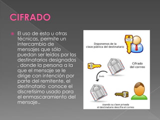    El uso de esta u otras
    técnicas, permite un
    intercambio de
    mensajes que sólo
    puedan ser leídos por los
    destinatarios designados
    , donde la persona a la
    que el mensaje se le
    dirige con intención por
    parte del remitente, el
    destinatario conoce el
    discretísimo usado para
    el enmascaramiento del
    mensaje..
 