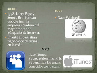 2000
                                 2001
 1998. Larry Page y
  Sergey Brin fundan              Nace Wikipedia.
  Google Inc., la
  empresa creadora del
  mayor motor de
  búsqueda de internet.
 En este año existían
  20,000,000 de sitios
  en la red.
                          2003
               Nace ITunes.
               Se crea el dominio .kids
               Se penalizan los emails
               conocidos como spam.
 